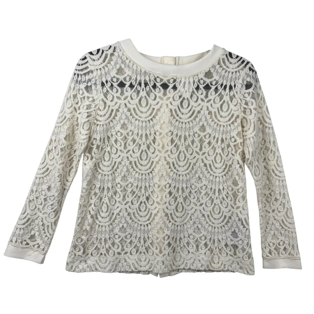 Banana Republic Lace Button Back Top Women XS Ivory‎ Cream Floral Sheer Romantic